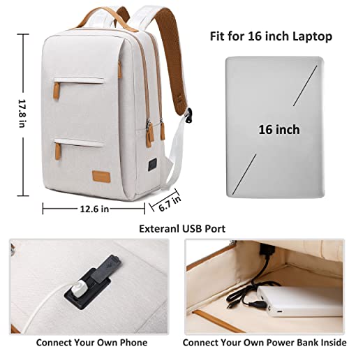 Smart Laptop Backpacks 15.6 inch for Women Men Business Travel Weekender Carry on Backpack with USB Charging Port & Wet Large College Bookbags Backpacks for Work (Beige)