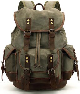 huachen vintage wax-coated canvas & leather backpack: spacious durable rucksack for men & women, perfect for travel, hiking, and college life (m86_army green with coffee)
