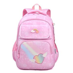 kacizes backpack for school girls backpacks kids cute rainbow elementary middle bookbag with laptop compartments for travel daypack, pink