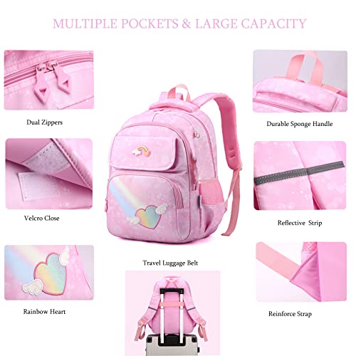 Kacizes Backpack for School Girls Backpacks Kids Cute Rainbow Elementary Middle Bookbag with Laptop Compartments for Travel Daypack, Pink