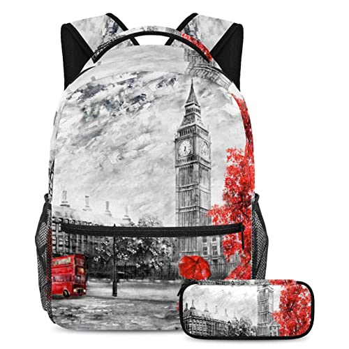 TBOUOBT Travel Backpack Set Lightweight Laptop Casual Backpack for Women Men, London Bigben Bus Landscape Retro Romantic