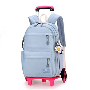 yjmkoi solid-color simple rolling backpack for girls, blue trolley bags on 6 wheels, carry-on luggage bookbag with wheels for middle school