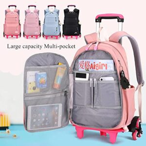 YJMKOI Solid-Color Simple Rolling Backpack for Girls, Blue Trolley Bags on 6 Wheels, Carry-on Luggage BookBag with Wheels for Middle School