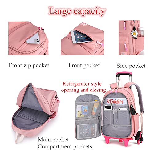 YJMKOI Solid-Color Simple Rolling Backpack for Girls, Blue Trolley Bags on 6 Wheels, Carry-on Luggage BookBag with Wheels for Middle School