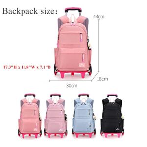 YJMKOI Solid-Color Simple Rolling Backpack for Girls, Blue Trolley Bags on 6 Wheels, Carry-on Luggage BookBag with Wheels for Middle School