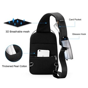 FENRUIEN Hard Shell Sling Bag for Men, Water Resistant Crossbody Backpack with USB Port, Black Chest Bag for Travel/Daily