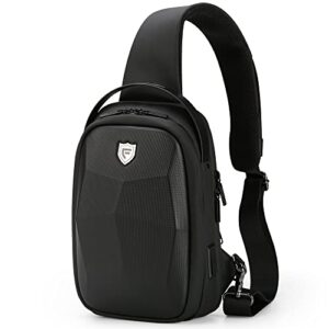fenruien hard shell sling bag for men, water resistant crossbody backpack with usb port, black chest bag for travel/daily