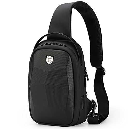 FENRUIEN Hard Shell Sling Bag for Men, Water Resistant Crossbody Backpack with USB Port, Black Chest Bag for Travel/Daily