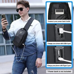 FENRUIEN Hard Shell Sling Bag for Men, Water Resistant Crossbody Backpack with USB Port, Black Chest Bag for Travel/Daily