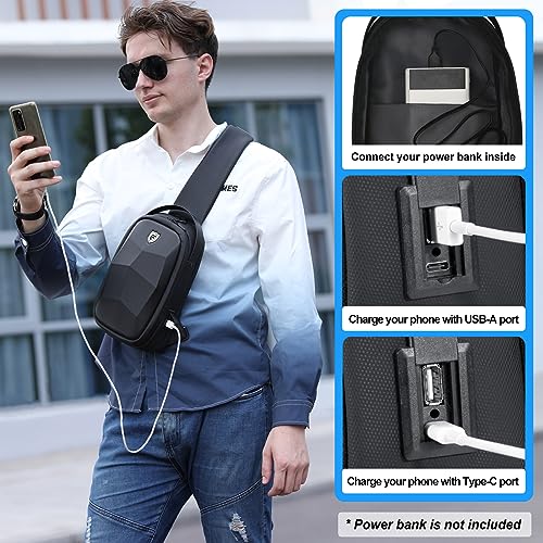 FENRUIEN Hard Shell Sling Bag for Men, Water Resistant Crossbody Backpack with USB Port, Black Chest Bag for Travel/Daily