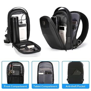 FENRUIEN Hard Shell Sling Bag for Men, Water Resistant Crossbody Backpack with USB Port, Black Chest Bag for Travel/Daily