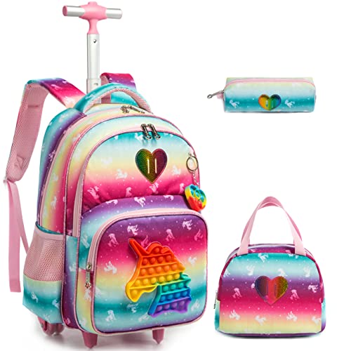 MYHSBYO Unicorn Rolling Backpack for Girls Kids School Wheels Backpack for Girls Wheeled Backpack with Lunch Box and Pencil Case