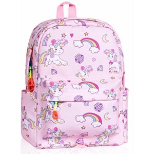lesnic pink unicorn kids backpack medium, 12 inch lightweight breathable cute small rucksack, buckles in the chest for kids, rainbow preschool kids bag