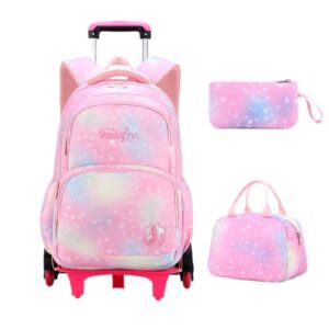 yjmkoi 3pcs colorful heart print rolling backpack for girls elementary trolley school bag with lunch box