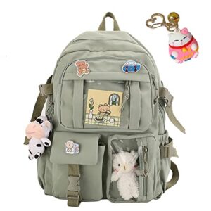 vfdgsaz kawaii backpack with pin and pendant，cute aesthetic backpack ，outdoor sports leisure bag for girls and boys (green,one size)