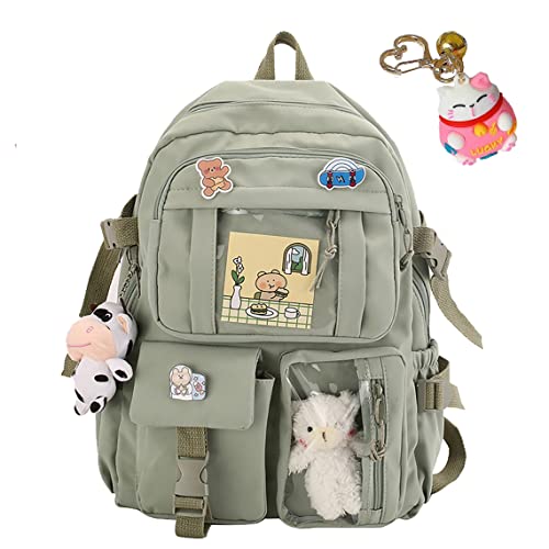 vfdgsaz Kawaii Backpack with Pin and Pendant，Cute Aesthetic Backpack ，Outdoor Sports Leisure Bag for Girls and Boys (green,one size)