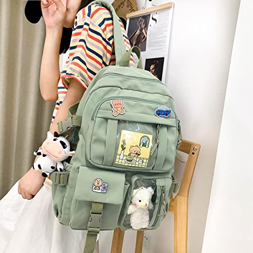 vfdgsaz Kawaii Backpack with Pin and Pendant，Cute Aesthetic Backpack ，Outdoor Sports Leisure Bag for Girls and Boys (green,one size)