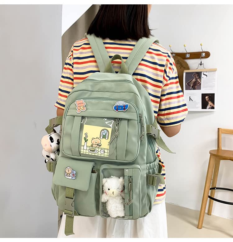 vfdgsaz Kawaii Backpack with Pin and Pendant，Cute Aesthetic Backpack ，Outdoor Sports Leisure Bag for Girls and Boys (green,one size)