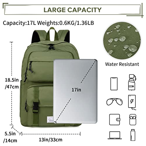 VASCHY Backpack for Men, Unisex Large Fashion Schoolbag Book bag Rucksack for High School/College/Work/Travel/Commuter Green