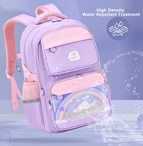 OMGDD Kawaii Backpack, Rainbow School Backpack for Girls,Cute Backpacks 17inch Large Capacity Aesthetic School Bag Rainbow Bookbags with Colorful Beads & Unicorn Pendant Purple