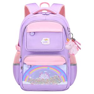 omgdd kawaii backpack, rainbow school backpack for girls,cute backpacks 17inch large capacity aesthetic school bag rainbow bookbags with colorful beads & unicorn pendant purple