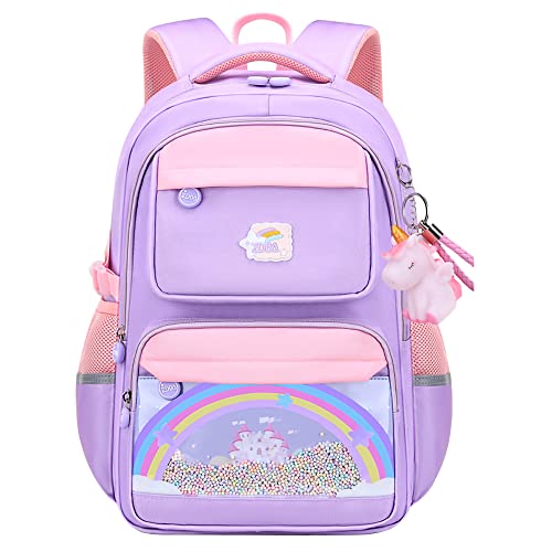 OMGDD Kawaii Backpack, Rainbow School Backpack for Girls,Cute Backpacks 17inch Large Capacity Aesthetic School Bag Rainbow Bookbags with Colorful Beads & Unicorn Pendant Purple