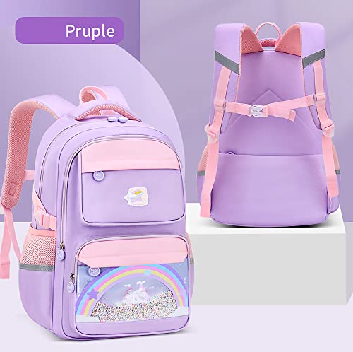 OMGDD Kawaii Backpack, Rainbow School Backpack for Girls,Cute Backpacks 17inch Large Capacity Aesthetic School Bag Rainbow Bookbags with Colorful Beads & Unicorn Pendant Purple