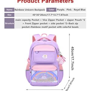 OMGDD Kawaii Backpack, Rainbow School Backpack for Girls,Cute Backpacks 17inch Large Capacity Aesthetic School Bag Rainbow Bookbags with Colorful Beads & Unicorn Pendant Purple