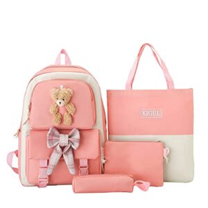 lokkcy kawaii backpack 4pcs set with cute plush pendants & badge,japanese school bag and backpack for girls 10-12(pink)
