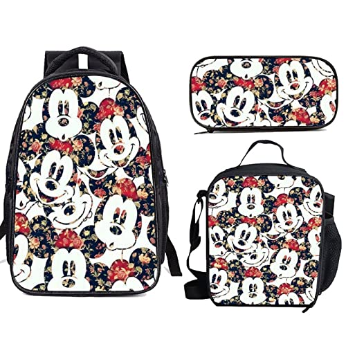 Funny Mic.key Mouse 3Pcs Backpacks School Bags Set Boys Girls Student Bookbag 16 Inch Teens Laptop Backpack with Lunch Bag Pencil Case