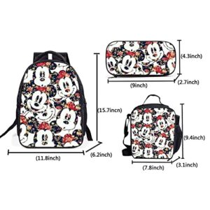 Funny Mic.key Mouse 3Pcs Backpacks School Bags Set Boys Girls Student Bookbag 16 Inch Teens Laptop Backpack with Lunch Bag Pencil Case