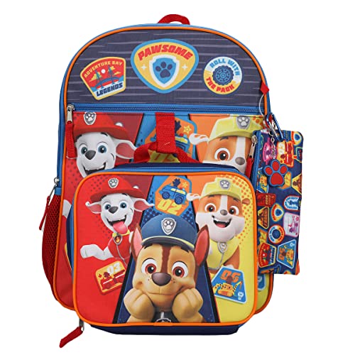 Paw Patrol Backpack Set Kids 5 Piece 16" Backpack Lunchbox Utility Case Rubber Keychain Carabiner