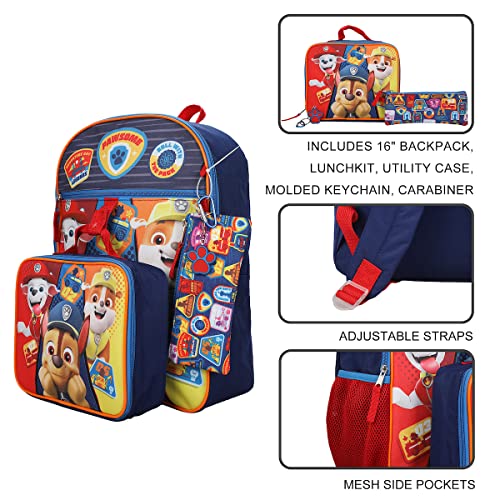 Paw Patrol Backpack Set Kids 5 Piece 16" Backpack Lunchbox Utility Case Rubber Keychain Carabiner