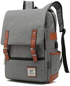 limhoo vintage laptop backpack with usb charging port, college school bookbag for women men, travel rucksack casual daypack (light grey)