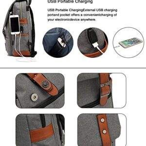 LIMHOO Vintage Laptop Backpack with USB Charging Port, College School Bookbag for Women Men, Travel Rucksack Casual Daypack (Light Grey)