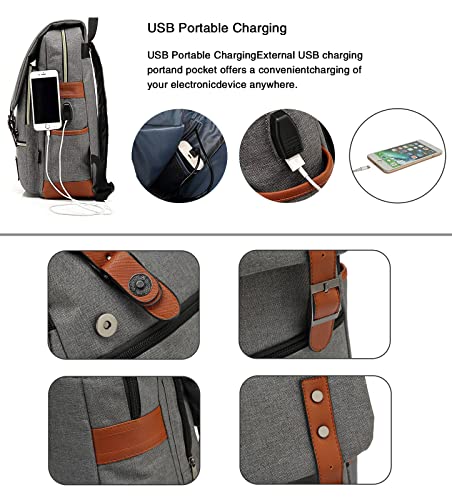 LIMHOO Vintage Laptop Backpack with USB Charging Port, College School Bookbag for Women Men, Travel Rucksack Casual Daypack (Light Grey)