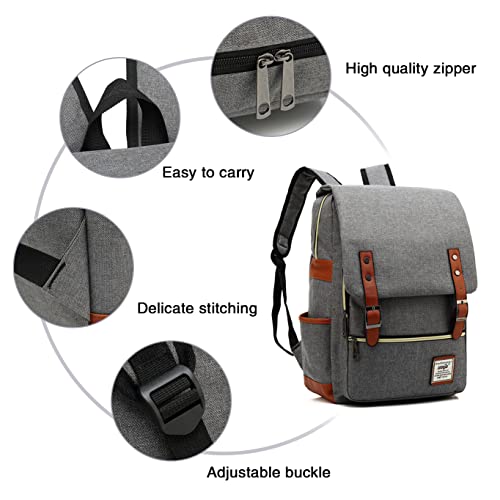 LIMHOO Vintage Laptop Backpack with USB Charging Port, College School Bookbag for Women Men, Travel Rucksack Casual Daypack (Light Grey)