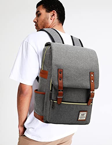 LIMHOO Vintage Laptop Backpack with USB Charging Port, College School Bookbag for Women Men, Travel Rucksack Casual Daypack (Light Grey)