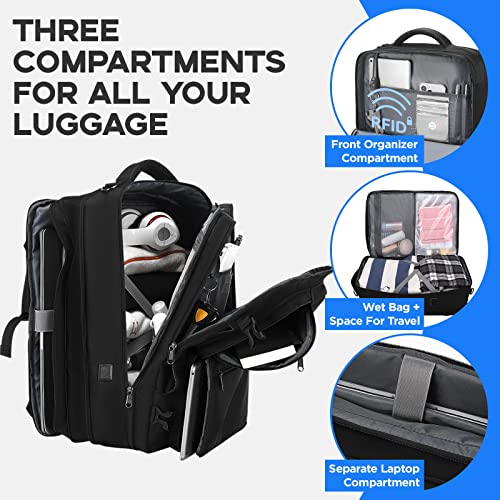 XJ-HOME Travel Backpack For Men,3 in 1 Expandable Laptop Backpack,As Personal Item Flight Approved Carry On Bag For Men and Women Fits 17.3 Inch Notebook,Black