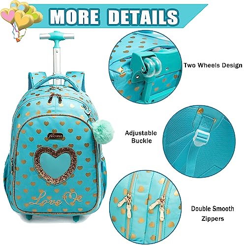 Oruiji Rolling Backpack for Girls Backpack with Wheels for Elementary Primary School Student Rolling Backpack with Lunch Bag Set