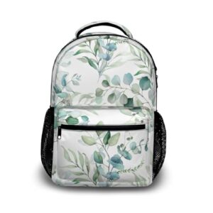 miaoquhe sage green leaves backpacks for school student, watercolor eucalyptus leaf laptop backpacks for kids boys girls, floral bookbags for outdoors travel hiking camping