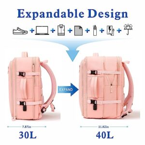 Yostorrie Large Travel Backpack for Women, 40L Airline Approved Carry on Backpack as Personal Item Size, Expandable Suitcase Backpack with Shoe Compartment,Waterproof Business Bag for 17in Laptop,Pink