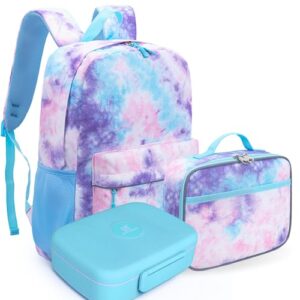 fenrici girls' backpack with lunch box & bento box matching set, kids' backpack with laptop compartments, insulated lunch bag for girls, pink tie dye