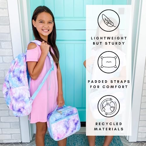 Fenrici Girls' Backpack with Lunch Box & Bento Box Matching Set, Kids' Backpack with Laptop Compartments, Insulated Lunch Bag for Girls, Pink Tie Dye