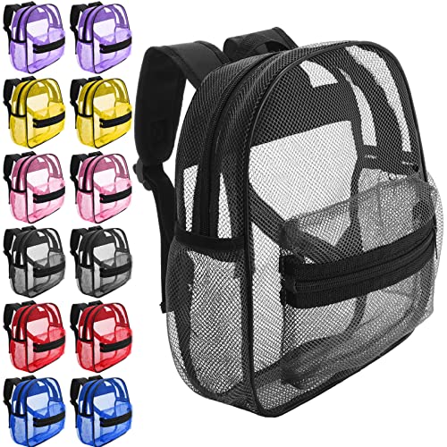 Silkfly 12 Pack Mini Mesh Backpack for Kids Bulk, 6 Colors Transparent Bookbag See Through Backpack Mesh Beach Bag with Padded Strap Beach for Kindergarten School Boys Girls