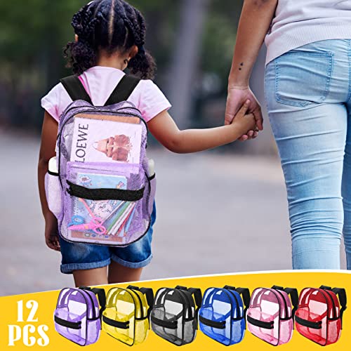 Silkfly 12 Pack Mini Mesh Backpack for Kids Bulk, 6 Colors Transparent Bookbag See Through Backpack Mesh Beach Bag with Padded Strap Beach for Kindergarten School Boys Girls
