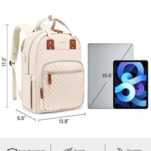 LOVEVOOK Quilted Backpack for Women, 15.6 Inch Computer Bag, Stylish Travel Backpack Purse Notebook with USB Port Waterproof Casual Daypack Large Bags for Daily Work, Beige