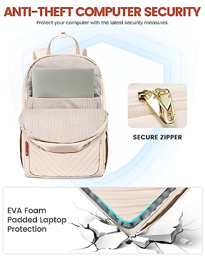 LOVEVOOK Quilted Backpack for Women, 15.6 Inch Computer Bag, Stylish Travel Backpack Purse Notebook with USB Port Waterproof Casual Daypack Large Bags for Daily Work, Beige