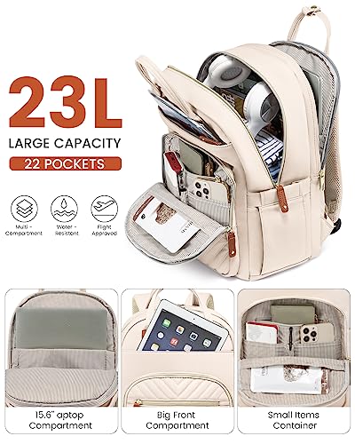 LOVEVOOK Quilted Backpack for Women, 15.6 Inch Computer Bag, Stylish Travel Backpack Purse Notebook with USB Port Waterproof Casual Daypack Large Bags for Daily Work, Beige