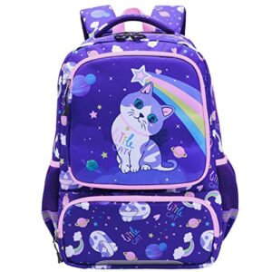 moonmo backpack for kids backpack for elementary students, waterproof large capacity school bag light weight backpack primary school backpack for girls (purple cat)